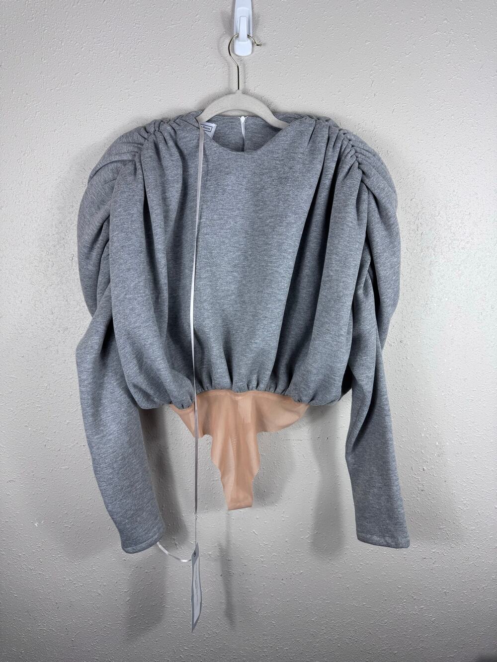NWT The Dollhouse grey long-sleeve puff-shoulder sweatshirt bodysuit Size Large